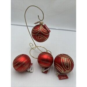 4 Pier 1 Imports Christmas Ball Ornament Hand Crafted European Glass Red Gold